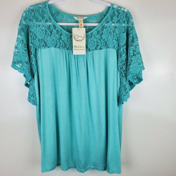 Ma Cherie Maternity Clothing Aqua Lace Flutter Short Sleeve Top Size L NWT - Picture 1 of 5
